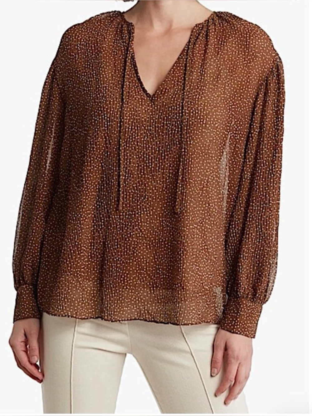 NWT VINCE Brown Printed Long-Sleeve V-Neck Blouse // Sz XXL